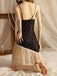 Schwarz 1970er Spitze Spaghetti Träger Slip Nachthemd