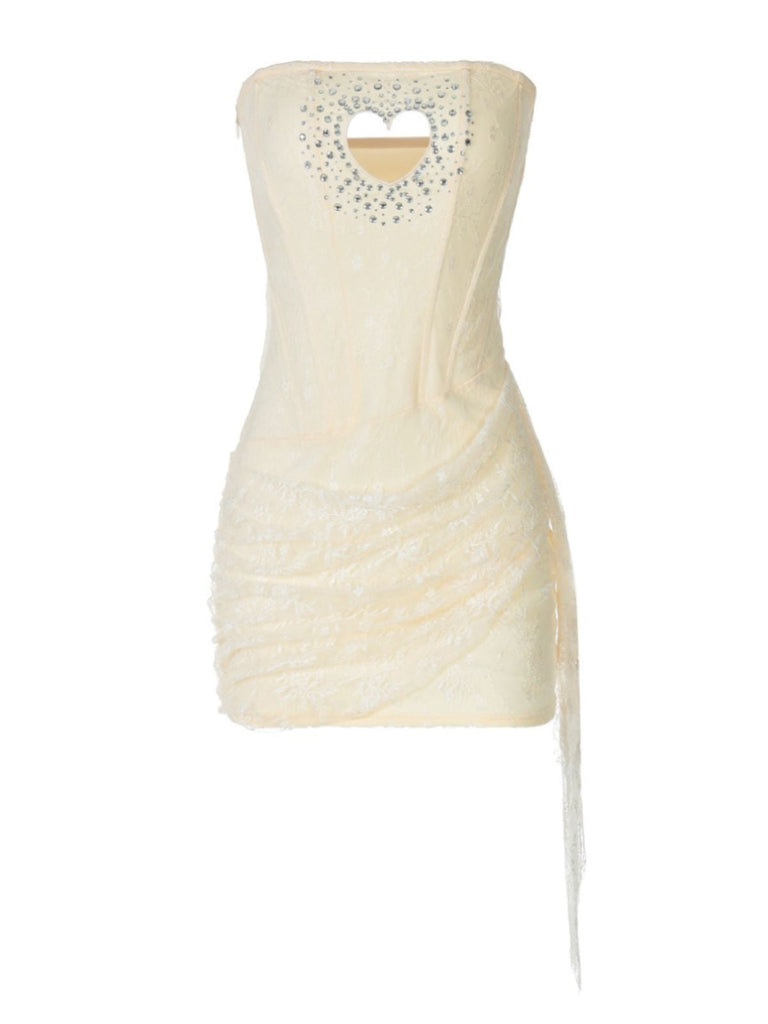 1980er Trägerlos Herz Cutout Diamant Spitze Kleid