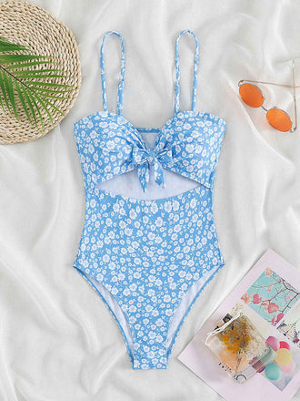 Hellblau 1950er Spaghetti Träger Hohl Blumen Bademode