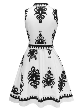 Weiß 1950er Hemdkragen Ärmellos Gürtel Kleid