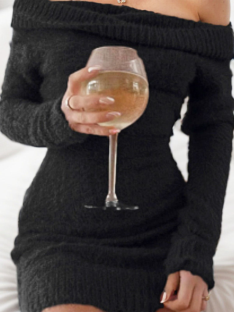 1980er Schulterfrei Mohair Lang Ärmel Kleid