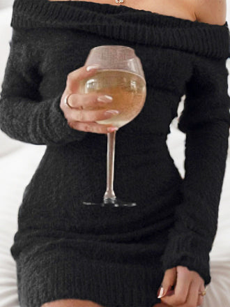 1980er Schulterfrei Mohair Lang Ärmel Kleid