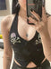 Schwarz 1950er Punk Halter Strassstein Schädel Taste Crop Top