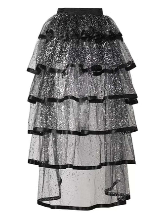 Schwarz 1950S Funkeln Tüll Abgestuft Rüschen Maxi Unterrock