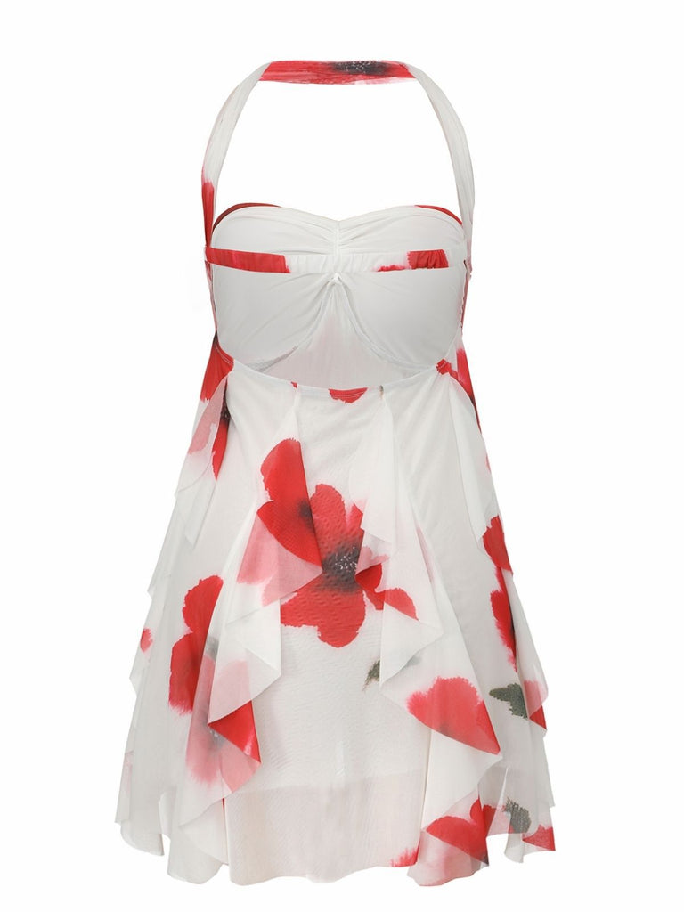 Rot 1960er Halter Unregelmäßig Saum Babydoll Kleid