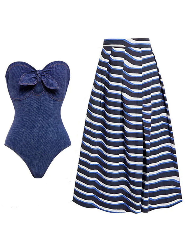 1980er Trägerlos Jeansstoff Einteiliger Badeanzug & Streifen Cover-Up