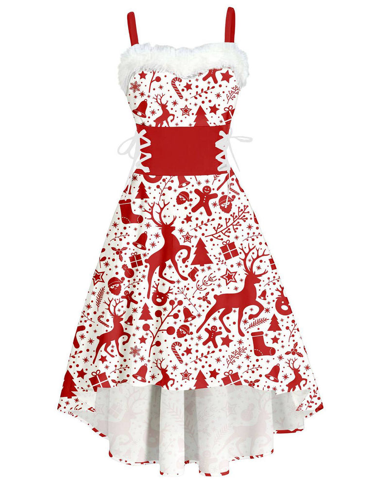 1950er Weihnachten Tartan Pelzbesatz High-Low Saum Kleid