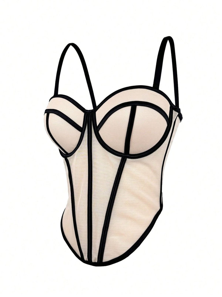 Beige 1980er Sheer Steampunk Fischgräten Korsett