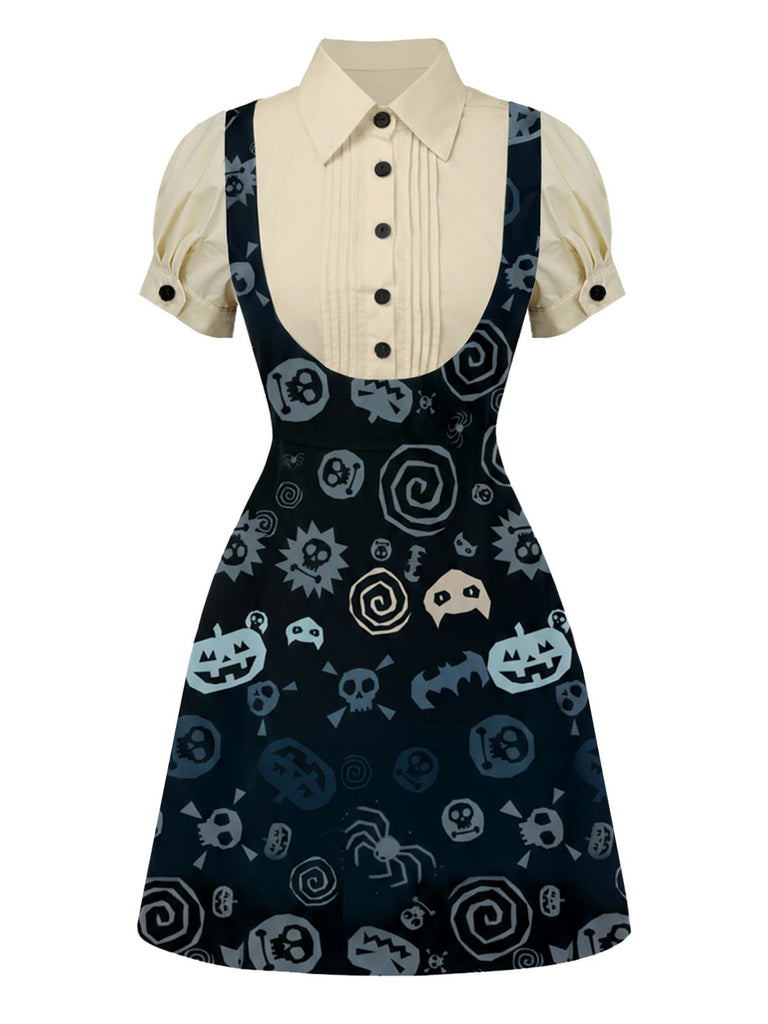 [Vorverkauf] Blau 1960er Halloween Kürbis Schädel Drucken Suspender Kleid