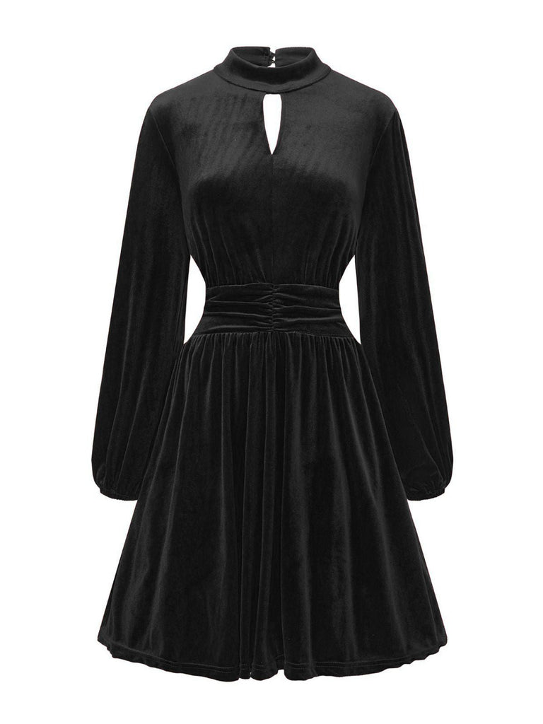 1940er Samt Cutout Plissiertes Laternenärmel Kleid