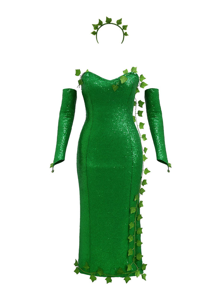 Grün 1970er Multi-Blatt Stirnband & Pailletten Kleid Set