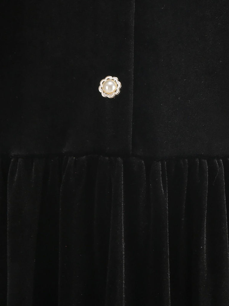 Schwarz 1950er Samt Stricken Kragen Perle Taste Kleid