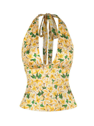 Gelb 1950er Halter Tief V-Ausschnitt Lily Top