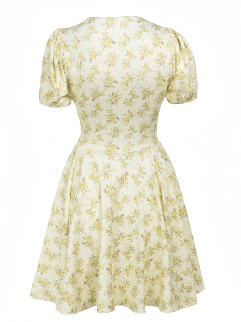 Gelb 1960er Blumen Puffärmel V-Ausschnitt Kleid