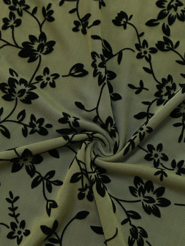 Grün 1960er V-Ausschnitt Blumen Beflocktes A-linie Kleid