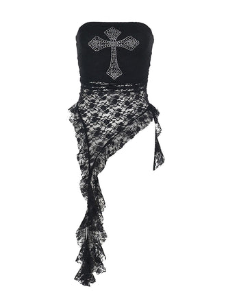 Schwarz 1980er Kreuzen Strassstein Spitze Trägerlos Tank Top