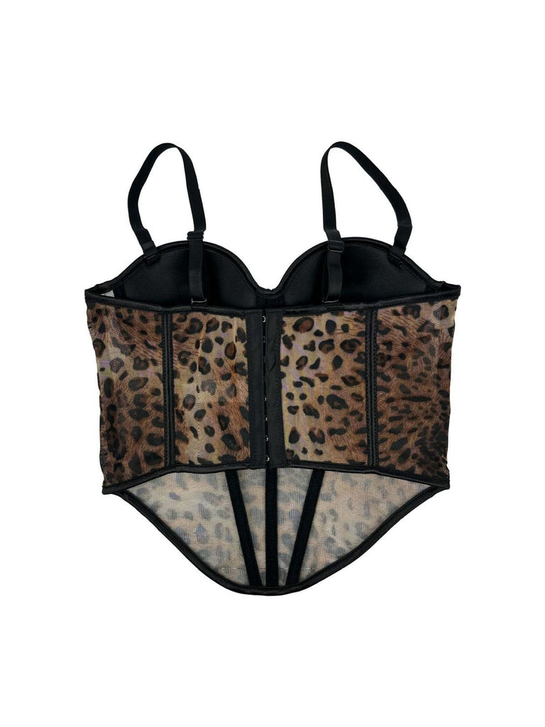 1980er Leopard Spaghetti Träger Fischgrätmuster Korsett