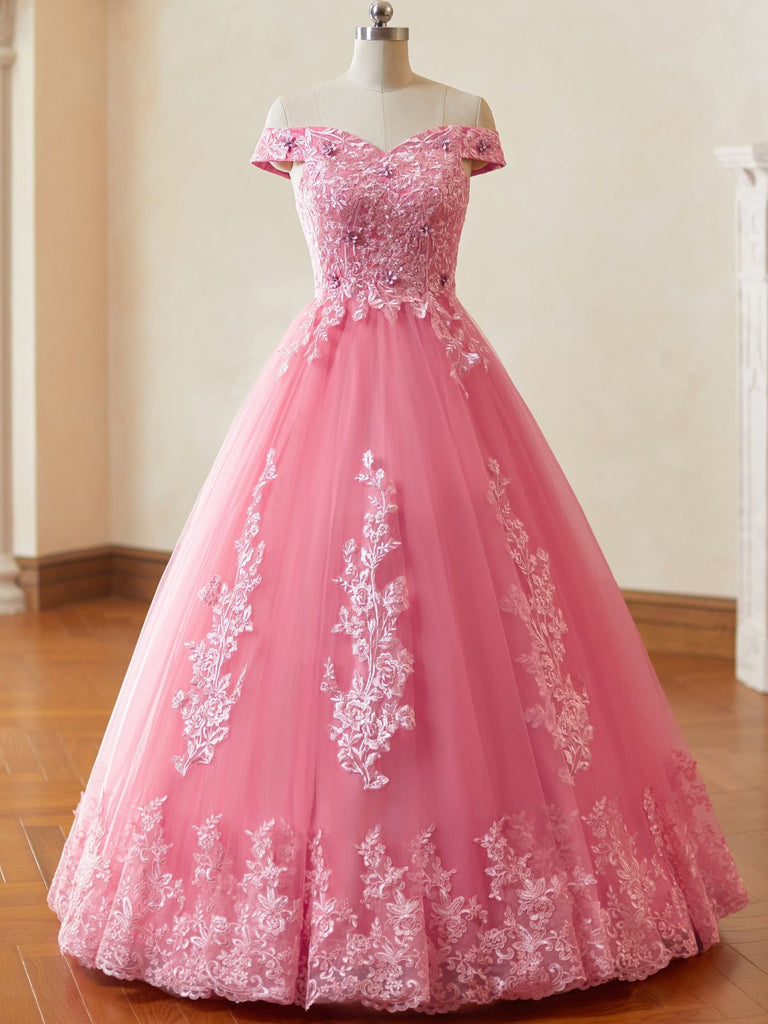 Rosa 1930er Glinda Wicked Schulterfrei Spitze Netz Ball Kleid