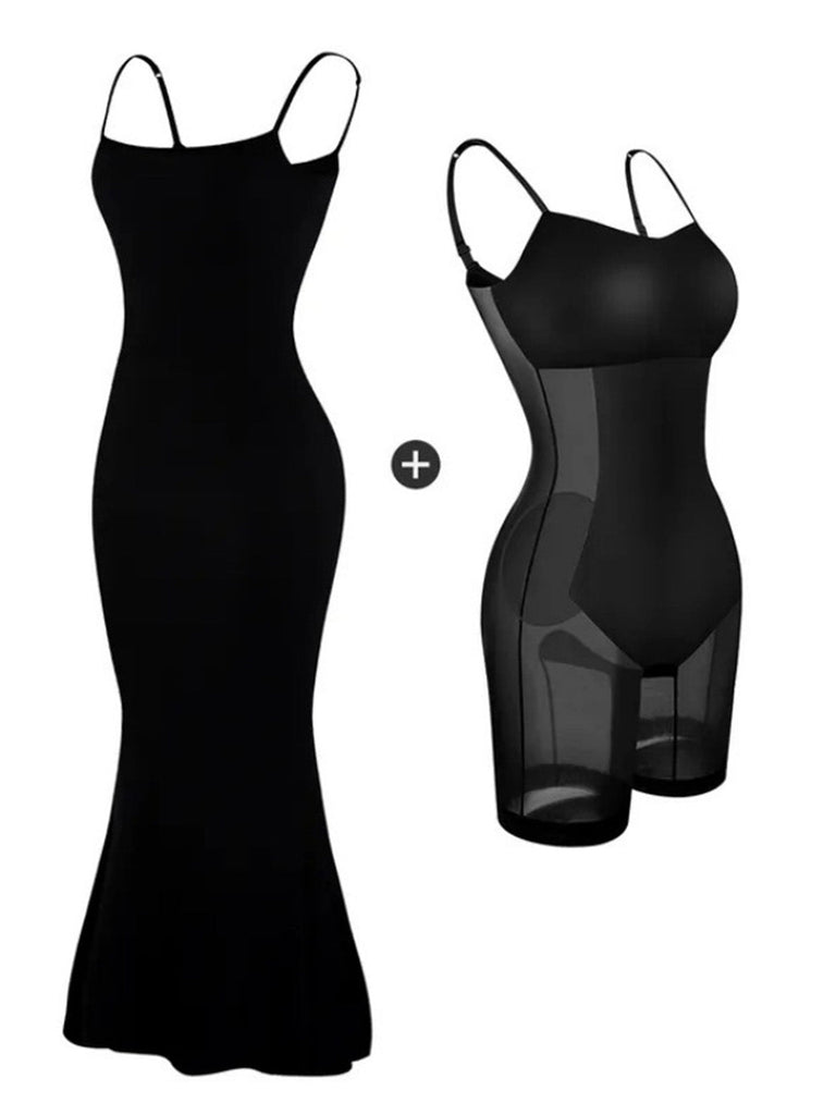 Schwarz 1970er 2-in-1 Shapewear Slip Kleid