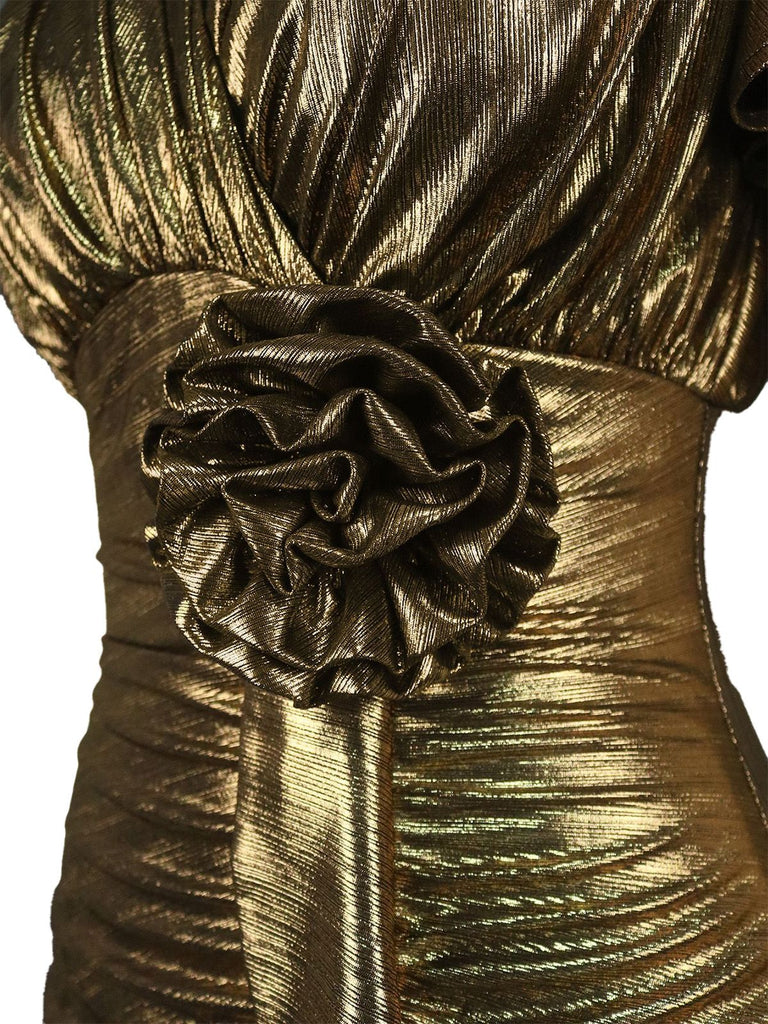 1930er Metallic Strukturiert Blumen Tailliert Fischschwanz Kleid