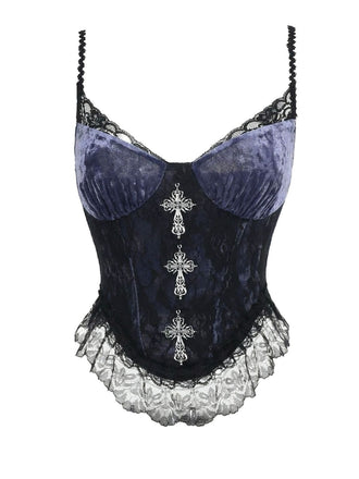 Lila 1980er Gothic Das Kreuz Samt Spitze Leibchen