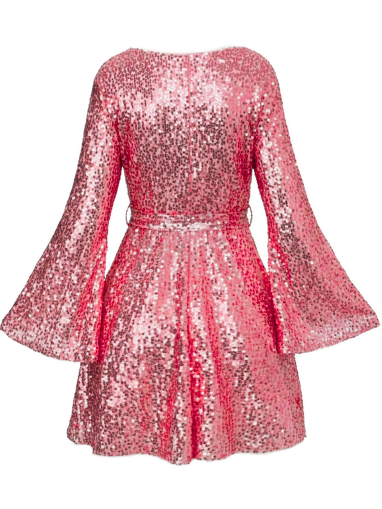 1970er V-Ausschnitt Schlagärmel Pailletten Disco Kleid