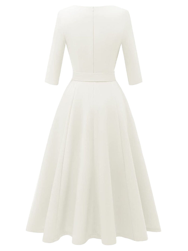 1940er Solide Passform Bogen 3/4 Ärmel Swing Kleid