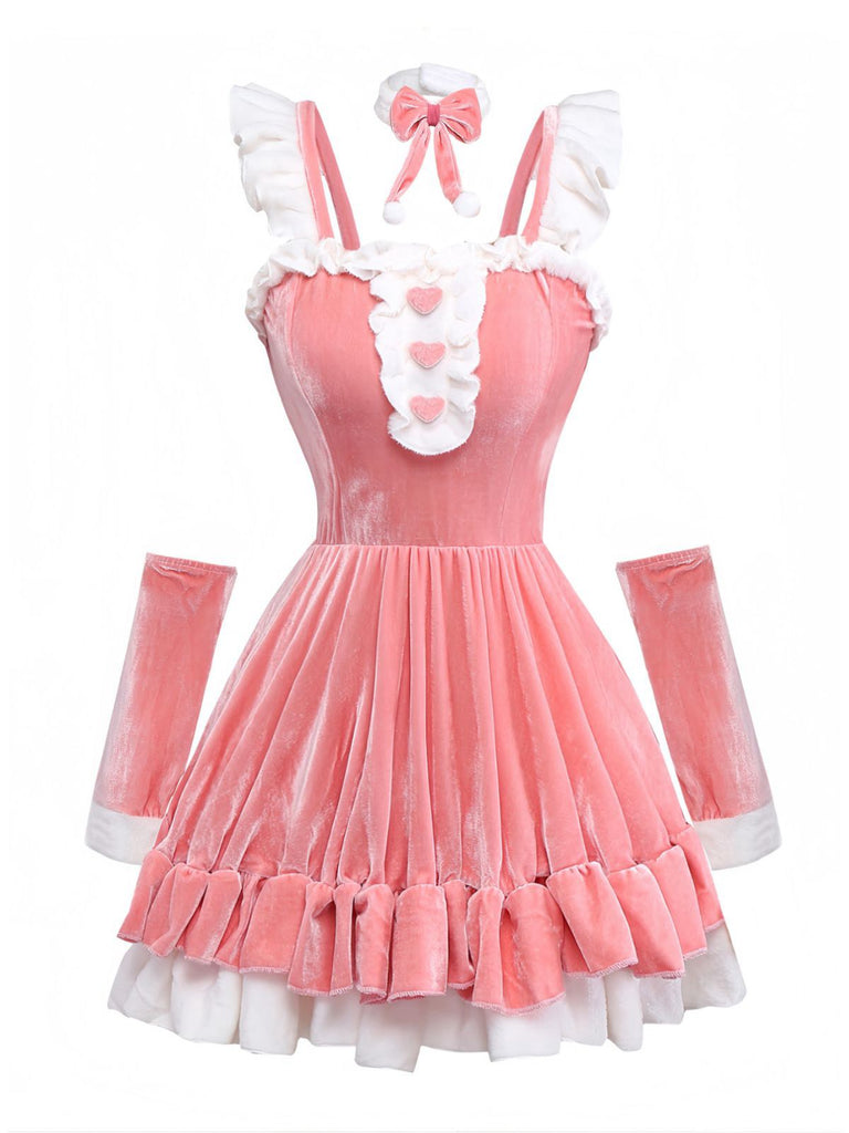 Rosa 1970er Weihnachten Samt Rüschen Bunny Girl Kleid Set