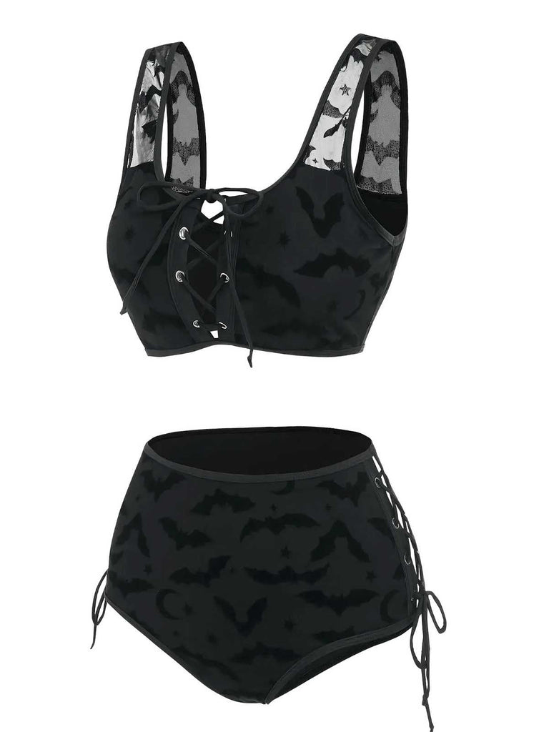 Schwarz 1980er Träger Fledermäuse Netz Gothic Bikini Set