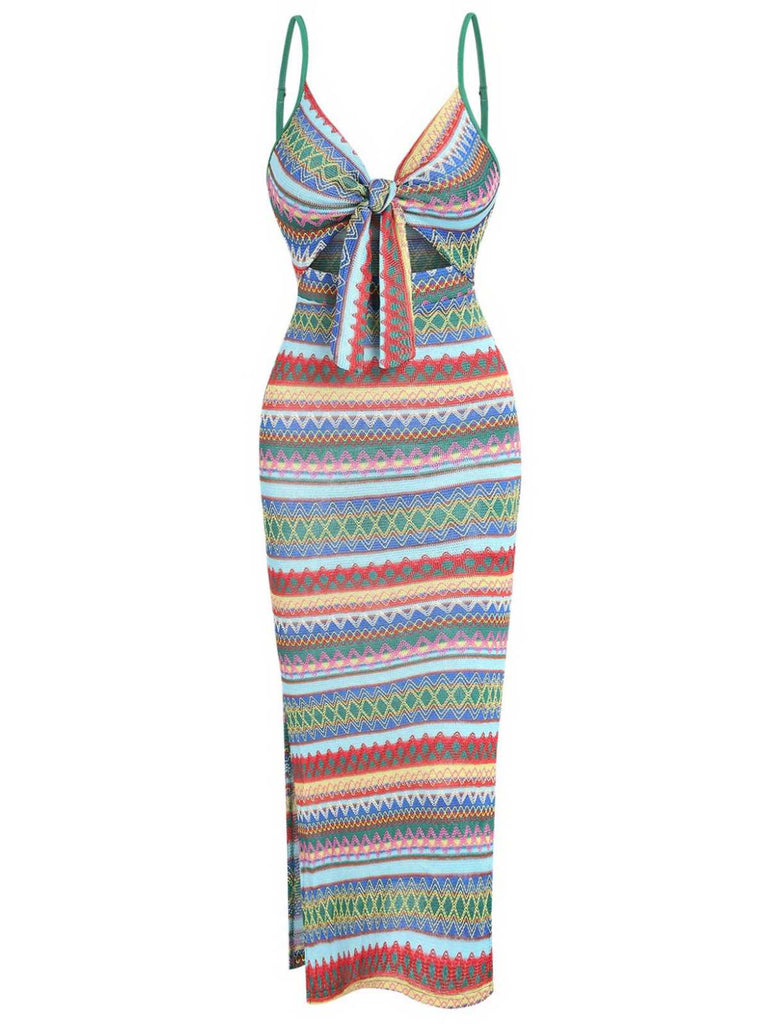 1970er Träger Bunt Streifen Binden Boho Kleid