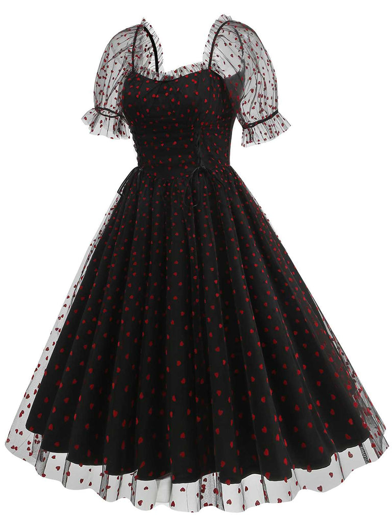 1950er Puffärmel Valentinstag Herzen Netz Kleid