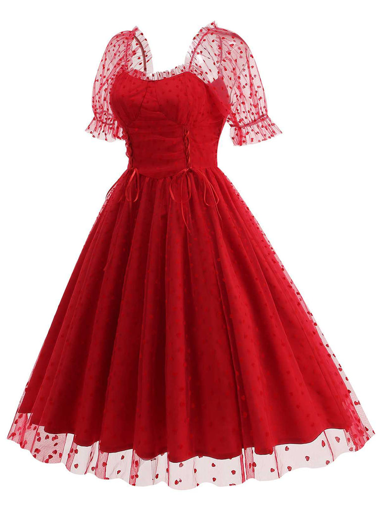 1950er Puffärmel Valentinstag Herzen Netz Kleid