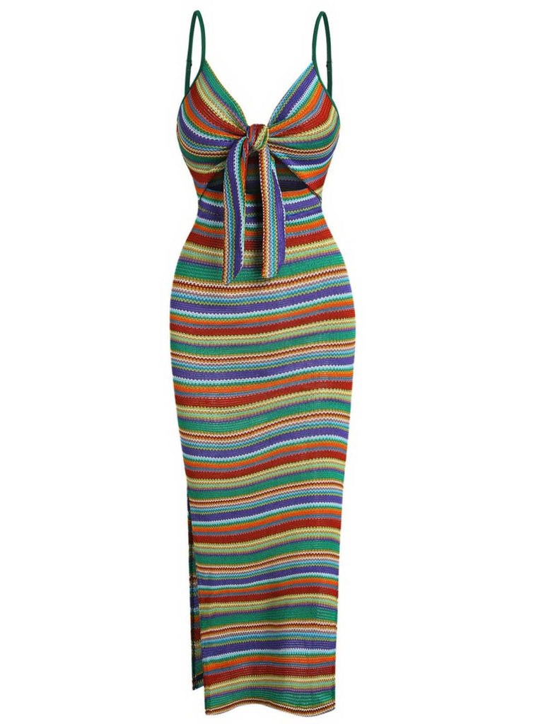 1970er Träger Bunt Streifen Binden Boho Kleid