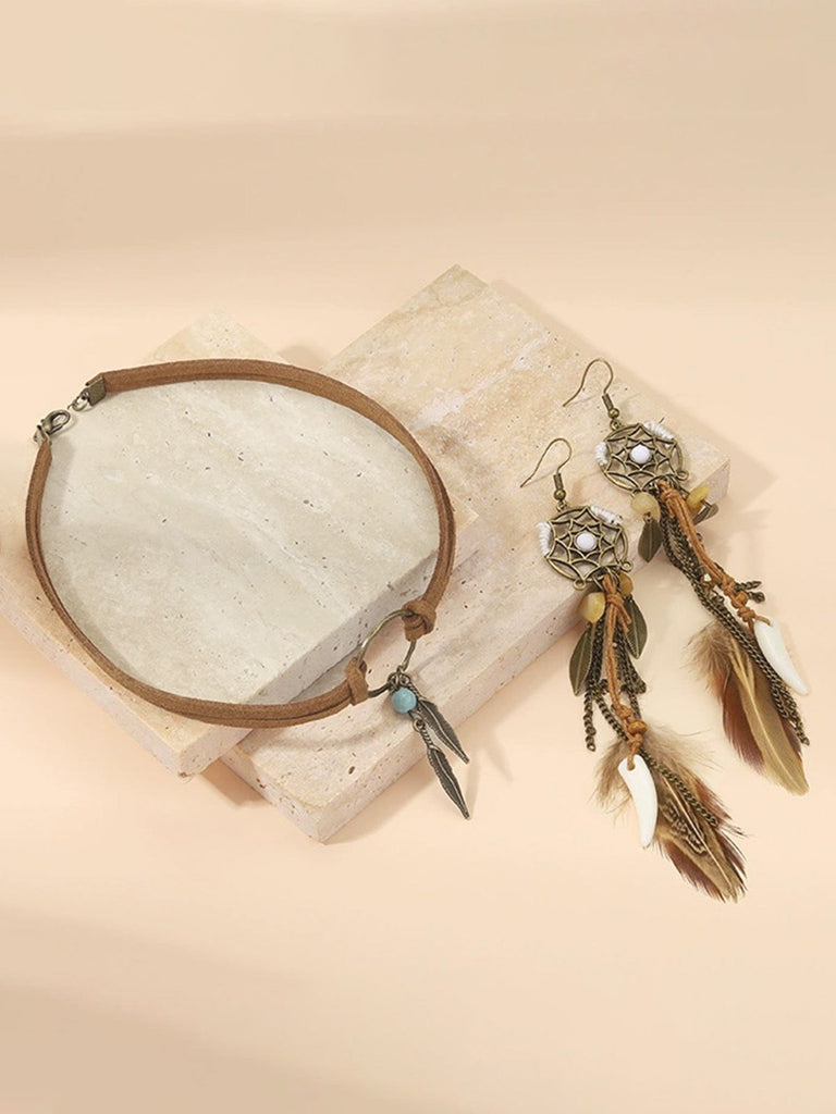 Leder Halsband & Feder Traumfänger Quasten Ohrringe Set