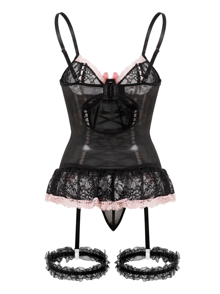 1970er Kontrastiert Spitze Netz Bogen Schnürung Dessous Set