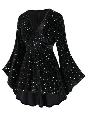 [Übergröße] Schwarz 1960er Stern V-Ausschnitt Samt Kleid