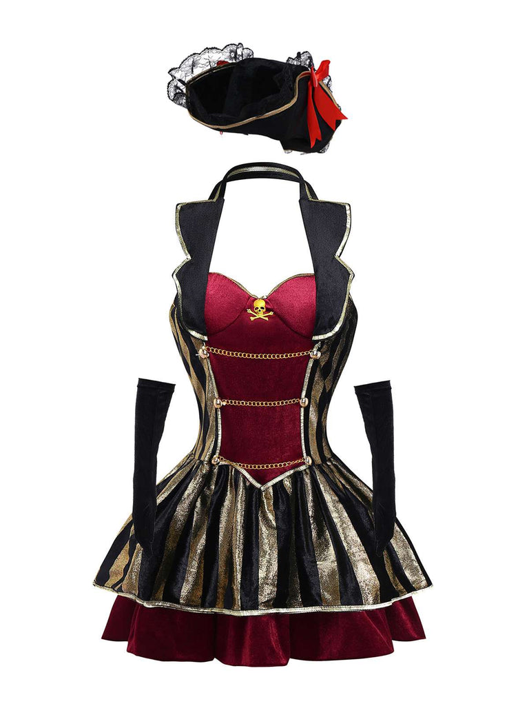 Weinrot 1970er Halloween Samt Piratenkapitän Kleid