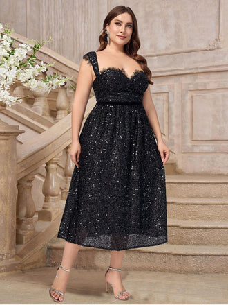 [Übergröße] Schwarz 1940er Pailletten Spitze Herzförmiger Hals Kleid