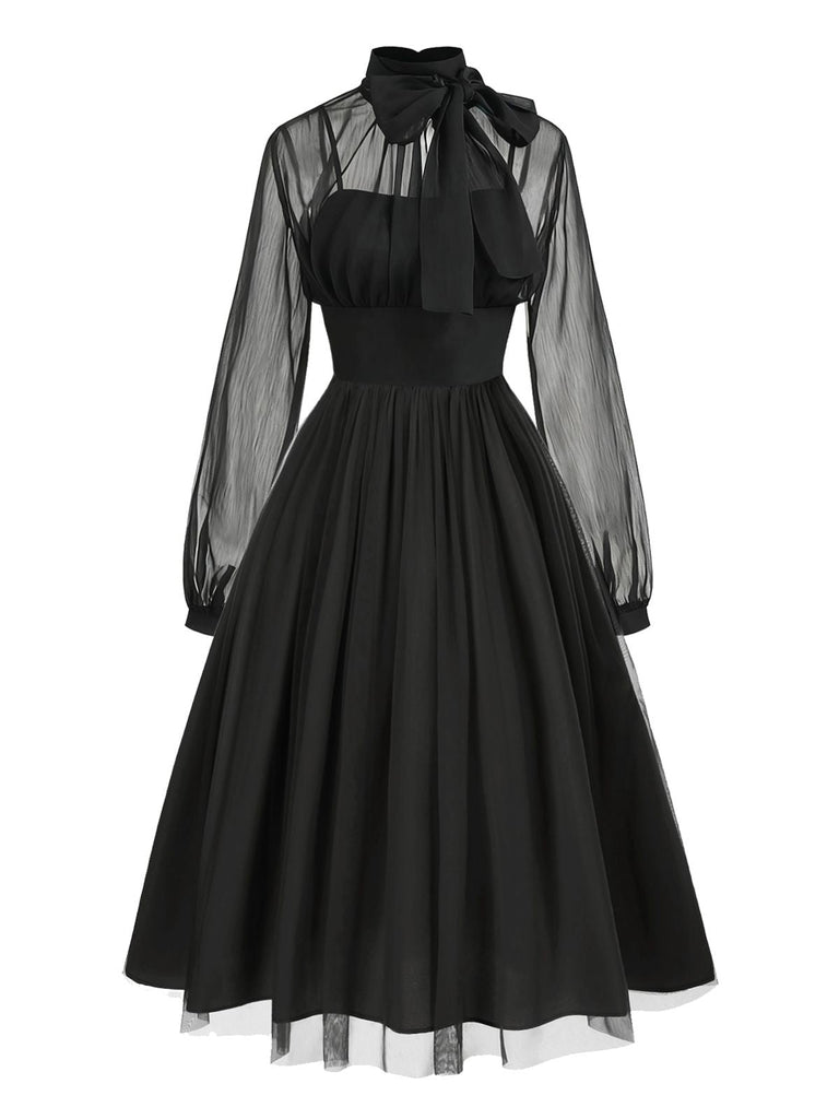 [Vorverkauf] Schwarz 1950er Sheer Netz Patchwork Schnürung Kleid
