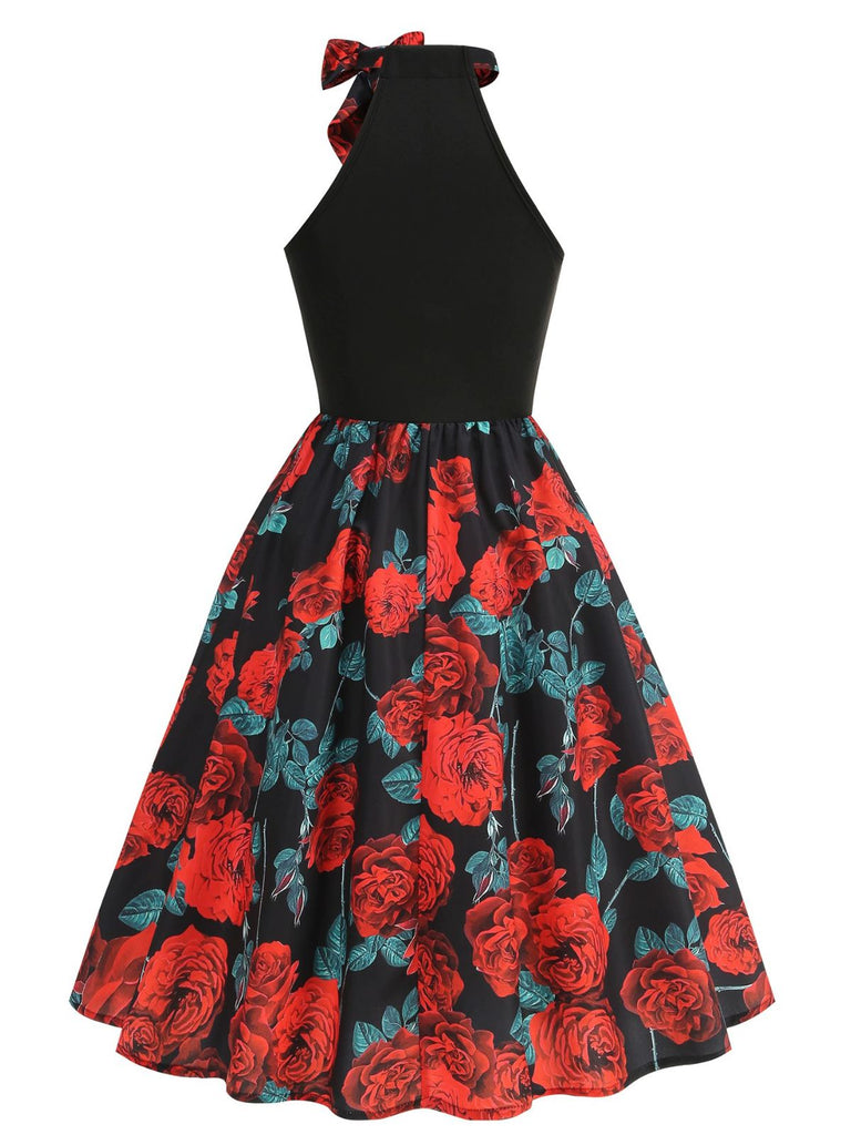 Rot 1950er Rose Ärmellos Patchwork Kleid