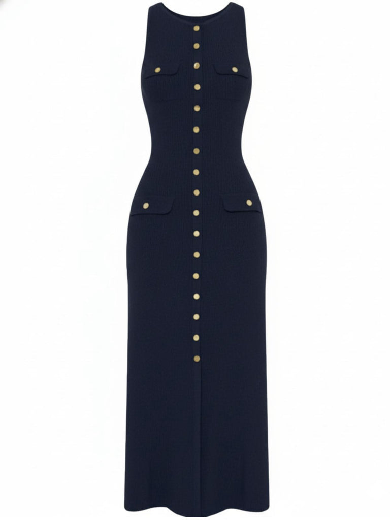 1960er Solide Ärmellos Einreihig Stricken Kleid