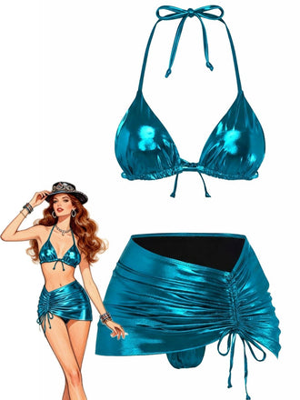 1970er Solide Halter Metallisch Bikini Set