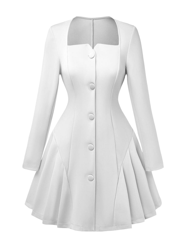 1950er Solide Lang Ärmel Plissiertes Kleid