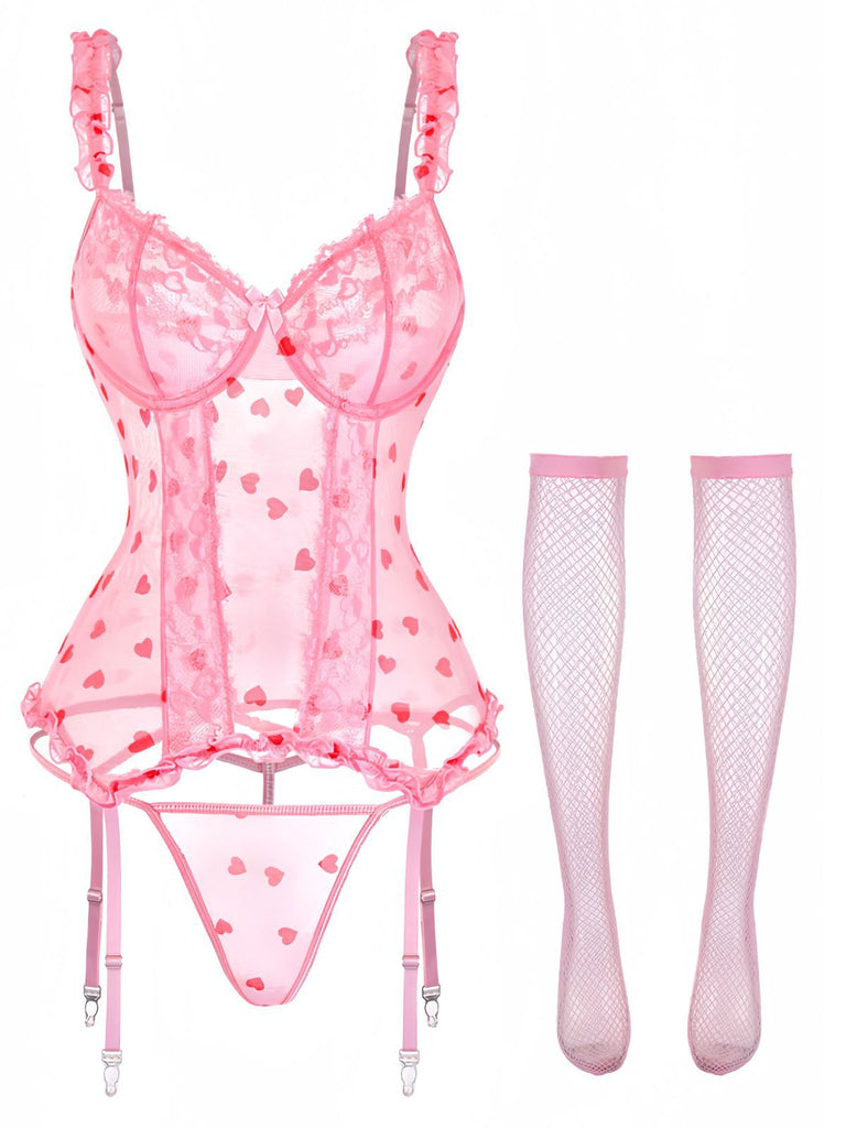 Rosa 1980er Herz Spitze Durchsichtig Bodysuit Nachthemden