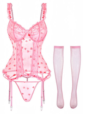 Rosa 1980er Herz Spitze Durchsichtig Bodysuit Nachthemden