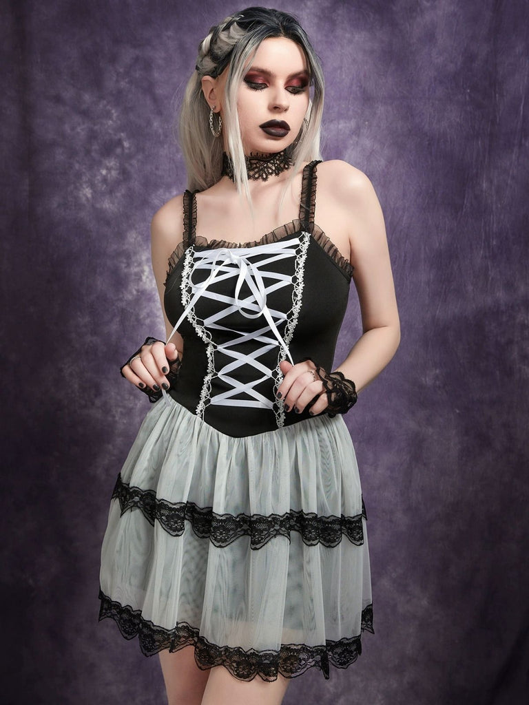 1960er Gothic Schnürung Rüschen Netz Slip Kleid