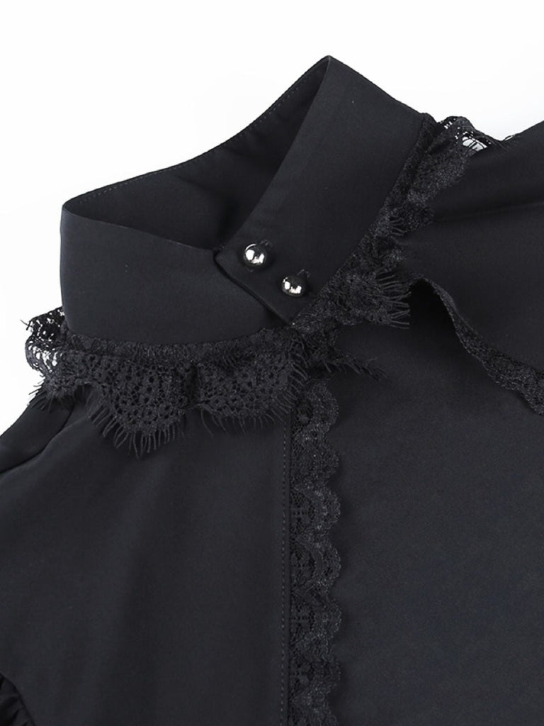 Schwarz 1980er Gothic Spitze Stehkragen Top