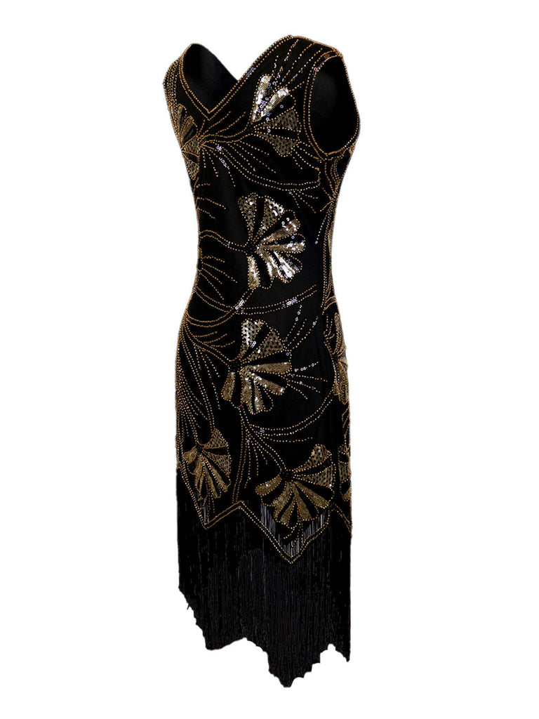 1920er V-Ausschnitt Pailletten Perlenbesatz Flapper Kleid