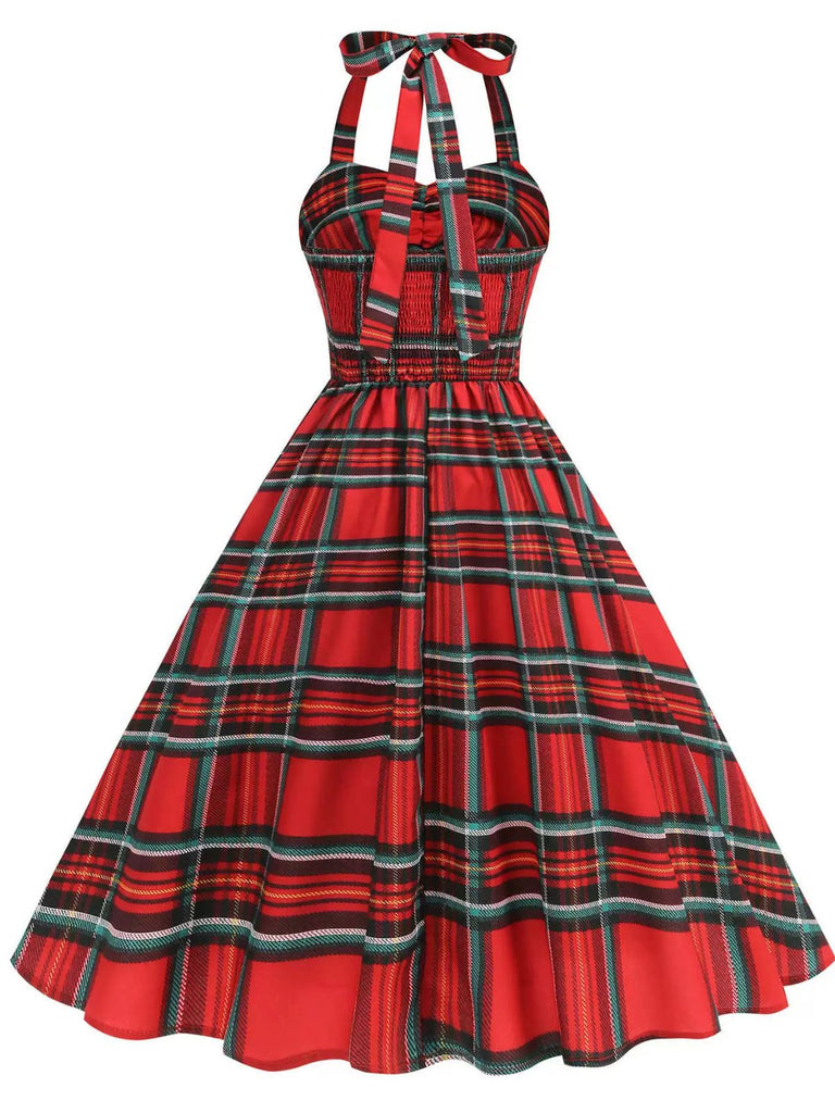 Rot 1950er Halter Weihnachten Plaids Ärmellos Kleid