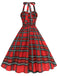 Rot 1950er Halter Weihnachten Plaids Ärmellos Kleid